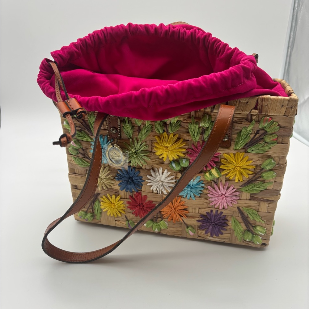 Patricia Nash leather handled wicker tote bag floral embroidery & Pink lining.